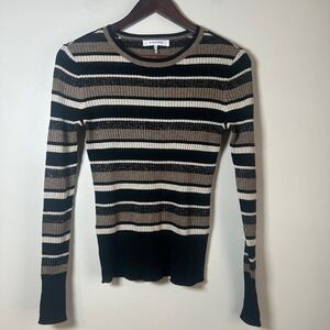 FRAME‎ Striped Ribbed Knit Sweater Gold Metallic Black White Tan Women's S/P